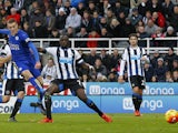 Leicester City's English striker Jamie Vardy scores his team's first goal during the English Premier League football match between Newcastle United and Leicester City at St James' Park in Newcastle-upon-Tyne, north east England, on November 21, 2015