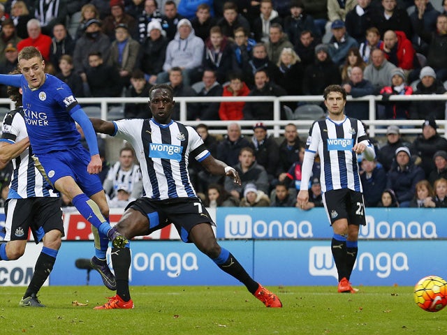 Leicester City's English striker Jamie Vardy scores his team's first goal during the English Premier League football match between Newcastle United and Leicester City at St James' Park in Newcastle-upon-Tyne, north east England, on November 21, 2015
