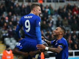 Jamie Vardy of Leicester City celebrates scoring his team's first goal with his team mates during the Barclays Premier League match between Newcastle United and Leicester City at St James' Park on November 21, 2015