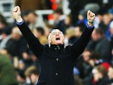 Leicester City manager Claudio Ranieri celebrates his teams third goal during the Barclays Premier League match between Newcastle and Leicester City at St James Park on November 21, 2015