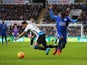 Ayoze Perez of Newcastle United and Ngolo Kante of Leicester City compete for the ball during the Barclays Premier League match between Newcastle United and Leicester City at St James' Park on November 21, 2015