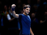 Roger Federer of Switzerland celebrates victory in his men's singles match against Novak Djokovic of Serbia during day three of the Barclays ATP World Tour Finals at the O2 Arena on November 17, 2015