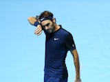 Roger Federer of Switzerland reacts during the men's singles final against Novak Djokovic of Serbia on day eight of the Barclays ATP World Tour Finals at the O2 Arena on November 22, 2015