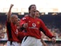 Manchester United's Ruud van Nistelrooy celebrates after scoring his hat trick (3 goals) against Newcastle City during their Premiership clash at Old Trafford in Manchester 23 November 2002