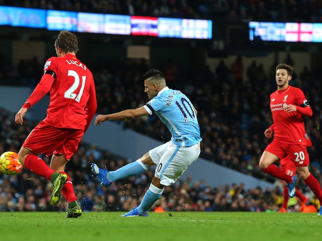 Sergio Aguero of Manchester City scores his team's first goal during the Barclays Premier League match between Manchester City and Liverpool at Etihad Stadium on November 21, 2015 in Manchester, England.