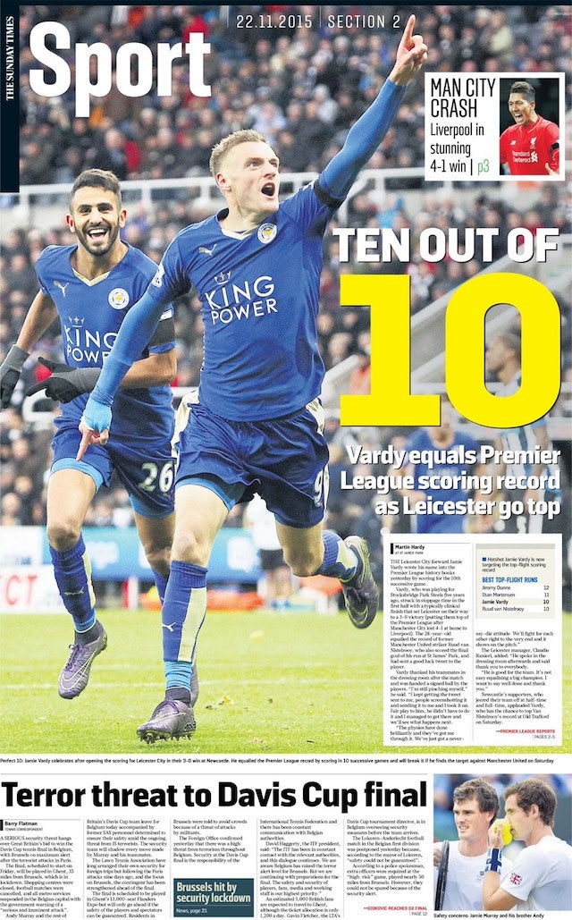 The Sunday Times Sport front page on November 22, 2015