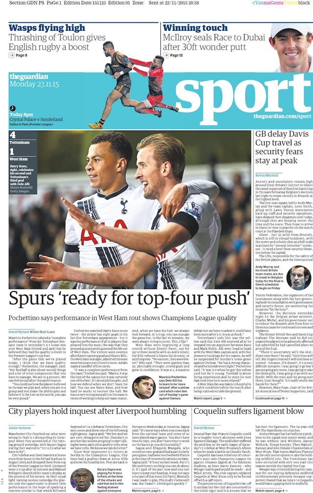 The Guardian back page for November 23, 2015