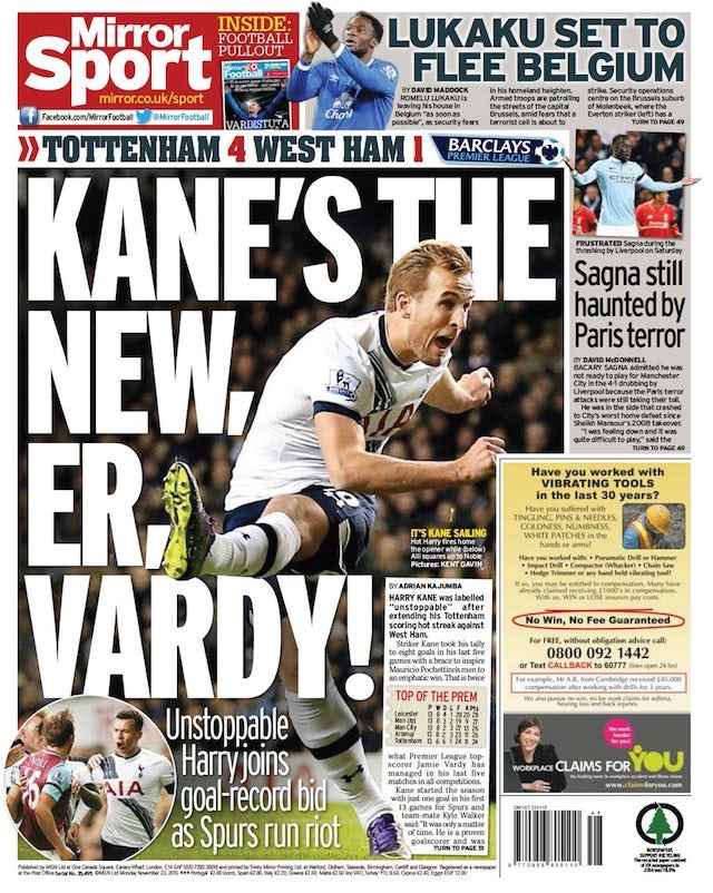 The Mirror back page for November 23, 2015