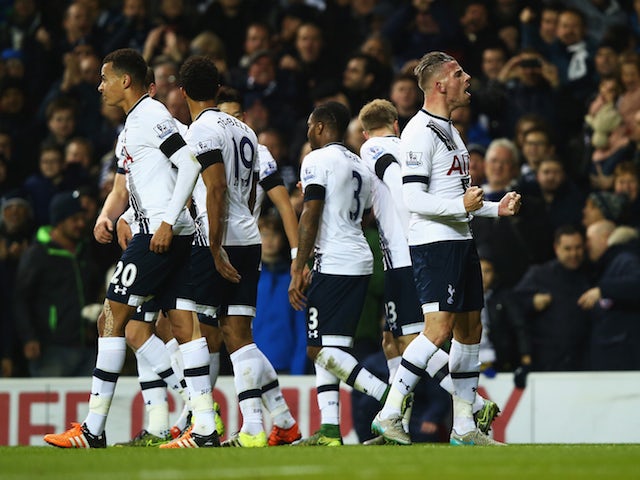 Toby Alderweireld of Tottenham Hotspur celebrates scoring his teams second goal during the Barclays Premier League match between Tottenham Hotspur and West Ham United at White Hart Lane on November 22, 2015 in London, England.