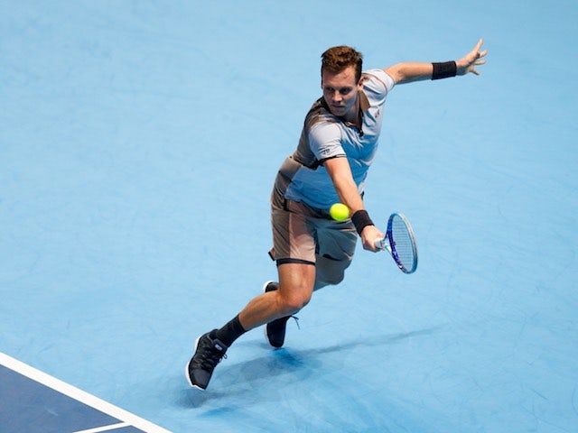 Tomas Berdych plays a shot during his group-stage match against Kei Nishikori at the ATP World Tour Finals in London on November 17, 2015