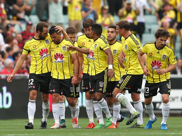 Emmanuel Muscat of the Phoenix is congratulated by team mates after scoring a goal during the round seven A-League match between Western Sydney Wanderers and Wellington Phoenix at Pirtek Stadium on November 21, 2015