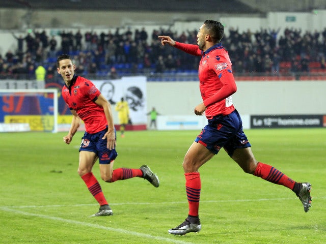 Ajaccio's Tunisian midfielder Mohamed Larbi celebrates after scoring a goal during the French L1 football match Gazelec Ajaccio (GFCA) against Lorient (FCL) on November 28, 2015, at the Ange Casanova stadium in Ajaccio, on the French Mediterranean island 
