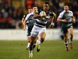  Bath fullback Anthony Watson races away to score the first try during the Aviva Premiership match between Leicester Tigers and Bath at Welford Road on November 29, 2015 in Leicester, England.