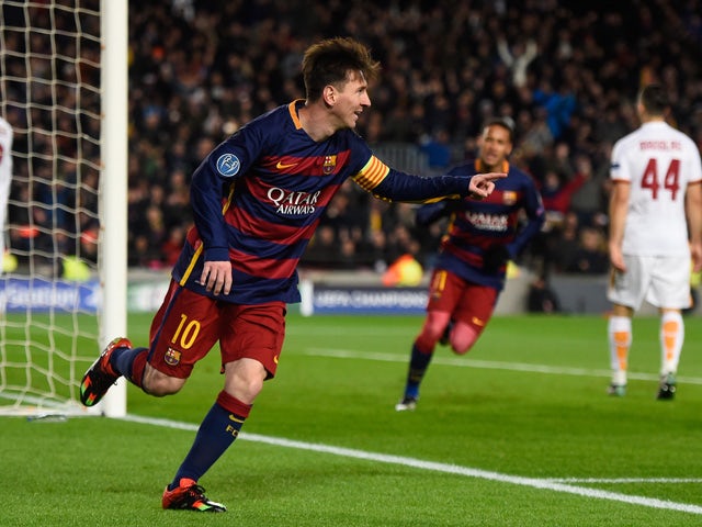 Lionel Messi of Barcelona celebrates scoring his teams second goal during the UEFA Champions League Group E match between FC Barcelona and AS Roma at Camp Nou on November 24, 2015