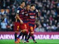 Neymar (C) of FC Barcelona celebrates with his teammates Luis Suarez (L) and Lionel Messi of FC Barcelonaa after scoring his team's third goal of FC Barcelonaduring the La Liga match between FC Barcelona and Real Sociedad de Futbol at Camp Nou on November