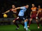 James Hanson of Bradford City battles with Chris Stokes of Coventry City during the Sky Bet League One match between Bradford City and Coventry City at Coral Windows Stadium on November 24, 2015 