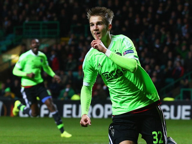 Vaclav Cerny of Ajax celebrates as he scores their second goal during the UEFA Europa League Group A match between Celtic FC and AFC Ajax at Celtic Park on November 26, 2015 in Glasgow, United Kingdom. 