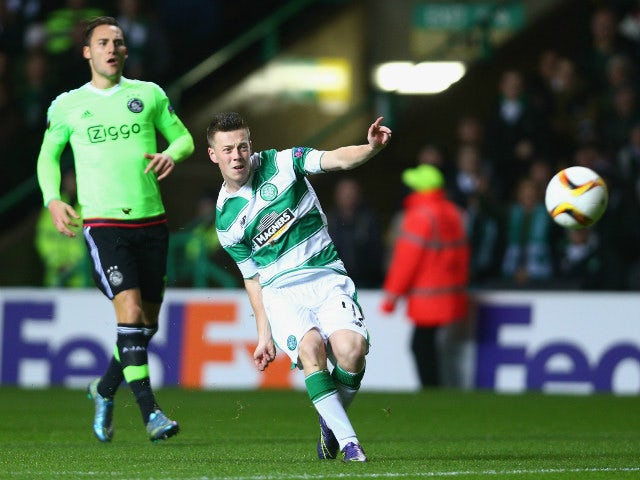 Callum McGregor of Celtic scores their first goal during the UEFA Europa League Group A match between Celtic FC and AFC Ajax at Celtic Park on November 26, 2015 in Glasgow, United Kingdom.
