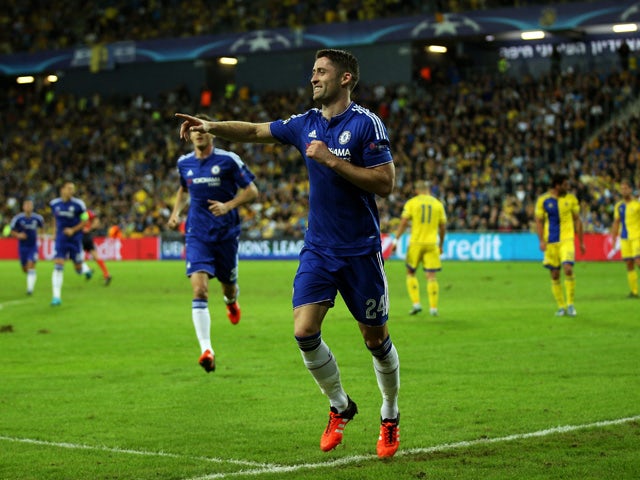 Gary Cahill of Chelsea celebrates scoring the opening goal during the UEFA Champions League Group G match between Maccabi Tel-Aviv FC and Chelsea FC at Sammy Ofer Stadium on November 24, 2015