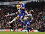 Tottenham Hotspur's English striker Harry Kane (R) attempts an overhead kick by Chelsea's Spanish defender Cesar Azpilicueta during the English Premier League football match between Tottenham Hotspur and Chelsea at White Hart Lane in north London on Novem