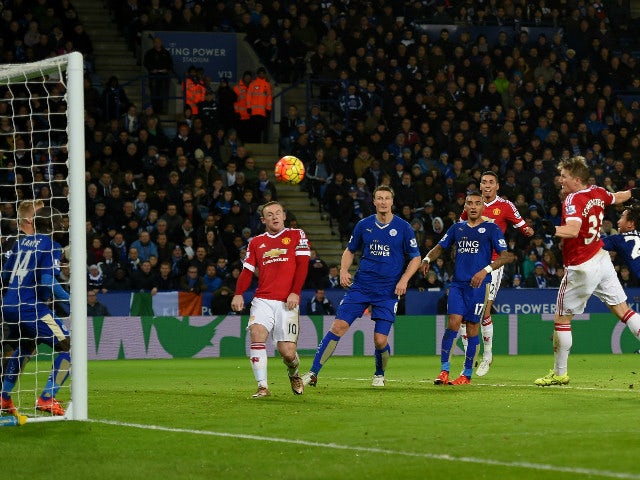 Bastian Schweinsteiger (2nd R) of Manchester United scores his team's first goal during the Barclays Premier League match between Leicester City and Manchester United at The King Power Stadium on November 28, 2015 in Leicester, England.