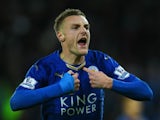 Jamie Vardy of Leicester City celebrates scoring his team's first goal during the Barclays Premier League match between Leicester City and Manchester United at The King Power Stadium on November 28, 2015 in Leicester, England.
