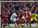 Bordeaux's French forward Henri Saivet (2L) scores during a UEFA Europa League group B football match between Liverpool and Bordeaux at Anfield in Liverpool, north west England, on November 26, 2015