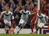Bordeaux's French forward Henri Saivet (C) celebrates after scoring during a UEFA Europa League group B football match between Liverpool and Bordeaux at Anfield in Liverpool, north west England, on November 26, 2015.