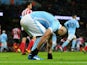 Sergio Aguero of Manchester City picks up an injury during the Barclays Premier League match between Manchester City and Southampton at the Etihad Stadium on November 28, 2015