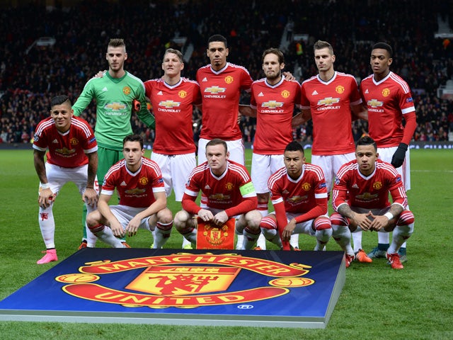 The Manchester United team pose for a picture ahead of the start of the UEFA Champions League Group B football match between Manchester United and PSV Eindhoven at the Old Trafford Stadium in Manchester, north west England on November 25, 2015
