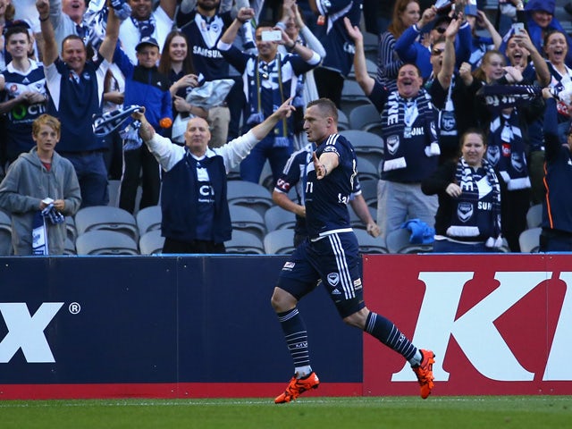 Besart Berisha of the Victory celebrates after scoring a goal during the round eight A-League match between Melbourne City FC and Adelaide United at Etihad Stadium on November 28, 2015