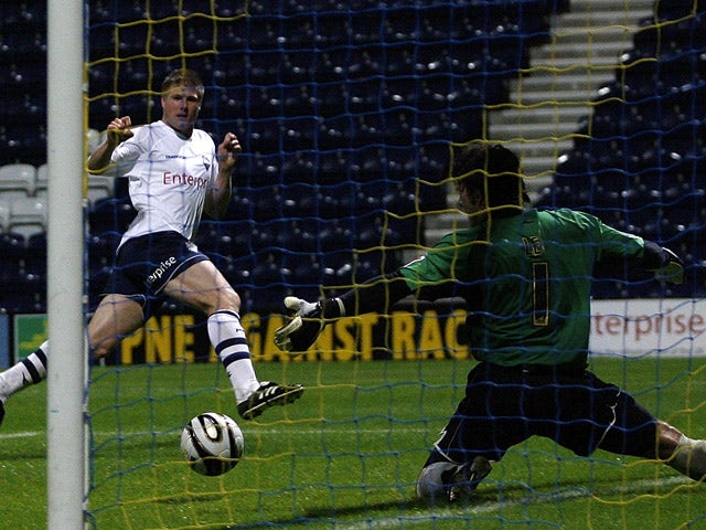 Neil Mellor of Preston scores during the Carling Cup first round match between Preston North End and Chesterfield at Deepdale Stadium on August 12, 2008