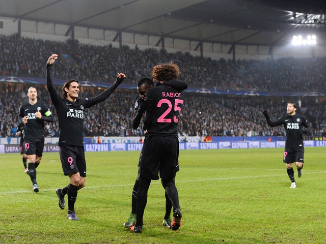 Paris Saint-Germain's French midfielder Adrien Rabiot (C) celebrates scoring with his team-mates during the UEFA Champions League Group A, second-leg football match Malmo FF vs Paris Saint-Germain (PSG) in Malmo, Sweden on November 25, 2015