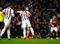 Rickie Lambert of West Bromwich Albion celebrates with Claudio Yacob (5) as his shot deflects off of Winston Reid of West Ham United for their equalising goal during the Barclays Premier League match between West Ham United and West Bromwich Albion at Bol