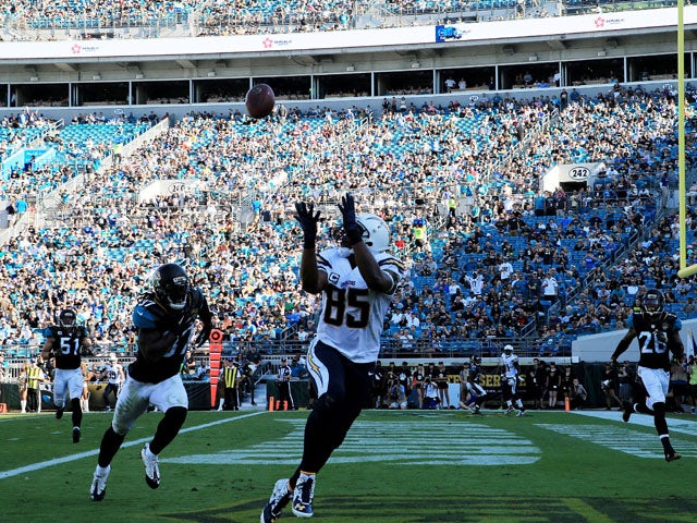 Antonio Gates #85 of the San Diego Chargers scores a touchdown in the second quarter against the Jacksonville Jaguars at EverBank Field on November 29, 2015