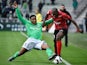 Guingamp's French midfielder Yannis Salibur (R) vies for the ball against Saint-Etienne's French defender Ronael Pierre Gabriel (L) during the French L1 football match AS Saint-Etienne (ASSE) vs Guingamp on November 29, 2015, at the Geoffroy Guichard Stad