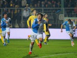 Alberto Paloschi of AC Chievo Verona celebrates after scoring the opening goal from penalty spot during the Serie A match between Frosinone Calcio and AC Chievo Verona at Stadio Matusa on December 6, 2015 in Frosinone, Italy.