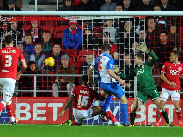 Grant Hanley of Blackburn Rovers scores his sides first goal during the Sky Bet Championship match between Bristol City and Blackburn Rovers at Ashton Gate on December 5, 2015