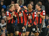 Bournemouth's English striker Glenn Murray (2L) celebrates after scoring during the English Premier League football match between Chelsea and Bournemouth at Stamford Bridge in London on December 5, 2015.