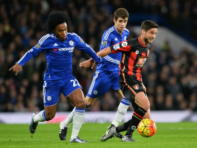 Chelsea's Brazilian midfielder Willian (L) holds Bournemouth's South African-born English midfielder Andrew Surman during the English Premier League football match between Chelsea and Bournemouth at Stamford Bridge in London on December 5, 2015. 