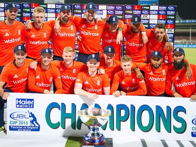 England's players celebrate their victory of the series at the end of the third T20 cricket match between Pakistan and England at the Sharjah Cricket Stadium in the United Arab Emirate of Sharjah on November 30, 2015.