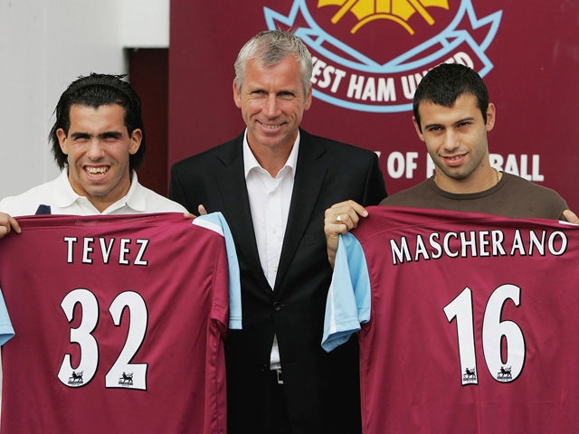 Carlos Tevez, West Ham manager Alan Pardew and Javier Mascherano pose with their squad numbers during a West Ham United press conference to unveil the new signings at Upton Park on September 5, 2006