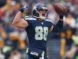 Tight end Jimmy Graham #88 of the Seattle Seahawks reacts after making a catch for a first down against the Pittsburgh Steelers at CenturyLink Field on November 29, 2015 in Seattle, Washington. The Seahawks defeated the Steelers 39-30.