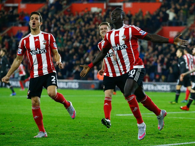 Sadio Mane of Southampton (10) celebrates as he scores their first goal with a header during the Capital One Cup quarter final match between Southampton and Liverpool at St Mary's Stadium on December 2, 2015 in Southampton, England