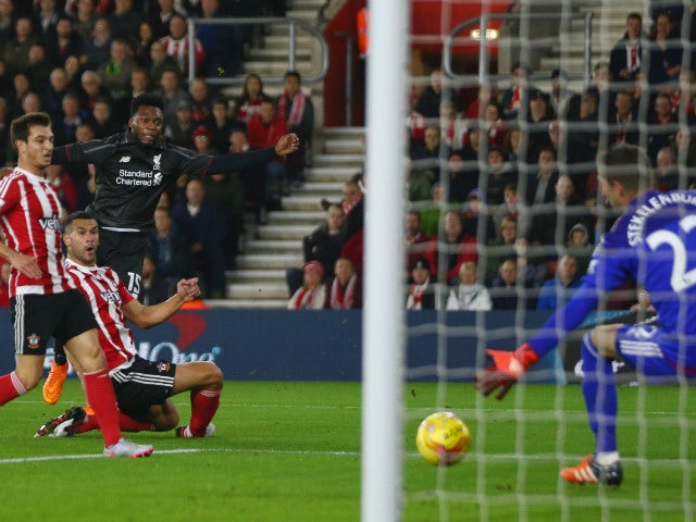 Daniel Sturridge of Liverpool shoots past goalkeeper Maarten Stekelenburg of Southampton to score their first goal during the Capital One Cup quarter final match between Southampton and Liverpool at St Mary's Stadium on December 2, 2015 in Southampton, E