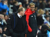 Steve McClaren manager of Newcastle United and Jurgen Klopp manager of Liverpool share a joke during the Barclays Premier League match between Newcastle United and Liverpool at St James' Park on December 6, 2015