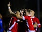 Stephen O'Halloran of Salford City (c) celebrates with his team mates after scoring his side's first goal during the Emirates FA Cup Second Round match between Salford City and Hartlepool United at Moor Lane on December 4, 2015