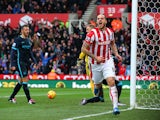 Marko Arnautovic of Stoke City celebrates scoring his team's first goal during the Barclays Premier League match between Stoke City and Manchester City at Britannia Stadium on December 5, 2015