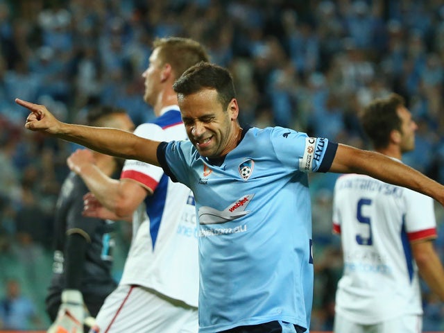 Alex Brosque of Sydney FC celebrates scoring a goal during the round nine A-League match between Sydney FC and the Newcastle Jets at Allianz Stadium on December 4, 2015