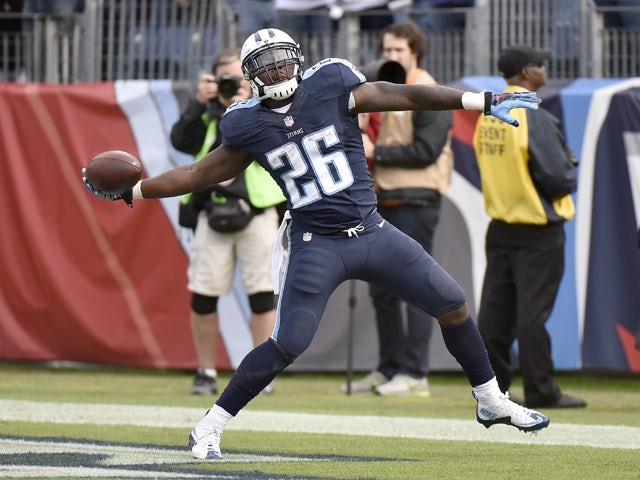 Antonio Andrews #26 of the Tennessee Titans celebrates after scoring a touchdown against the Jacksonville Jaguars during the game at Nissan Stadium on December 6, 2015